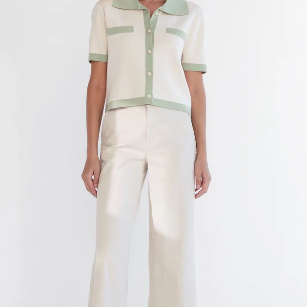 OAK + FORT Cropped Twill Wide Leg Pant - Cream- Size Medium